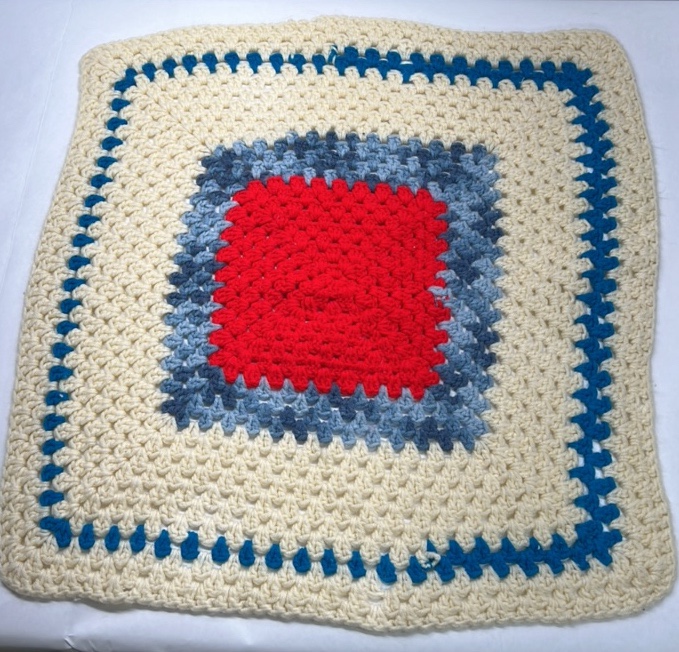 Handmade Crochet Doily Red Blue Cream Granny Square Pattern