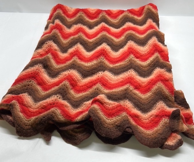 Handmade Crochet Afghan Throw Blanket Chevron Zig Zag Brown Orange Red
