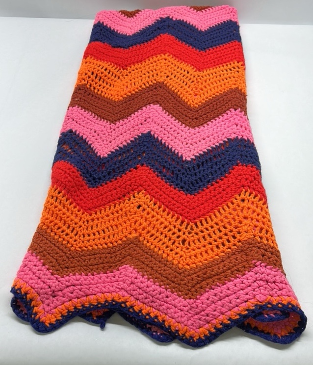 Handmade Crochet Afghan Blanket Chevron Stripe Multicolor Knit Throw