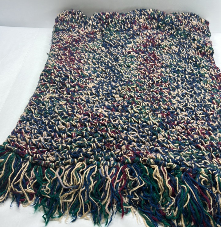 Handmade Crochet Afghan Throw Blanket Multicolor Speckled Fringe Knit