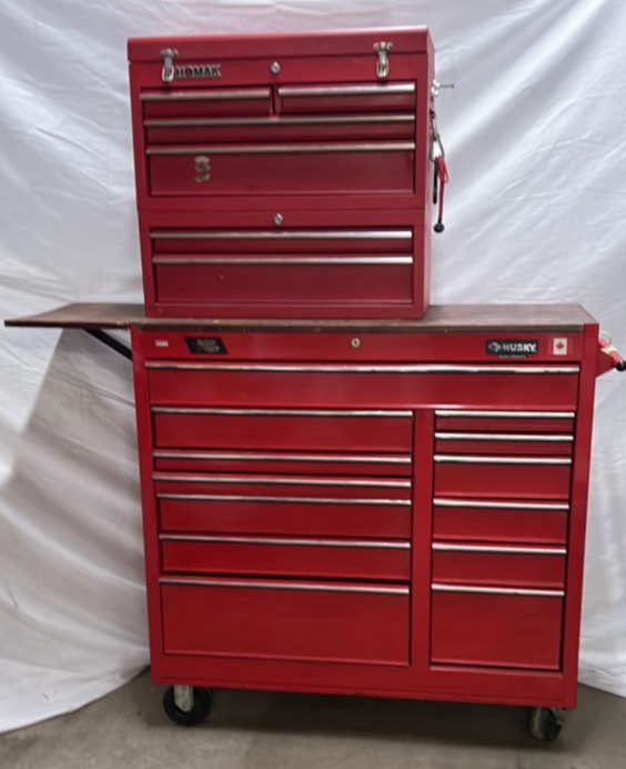 Husky Rolling Tool Chest with Homak Top Box Multi Drawer Garage Storage Cabinet