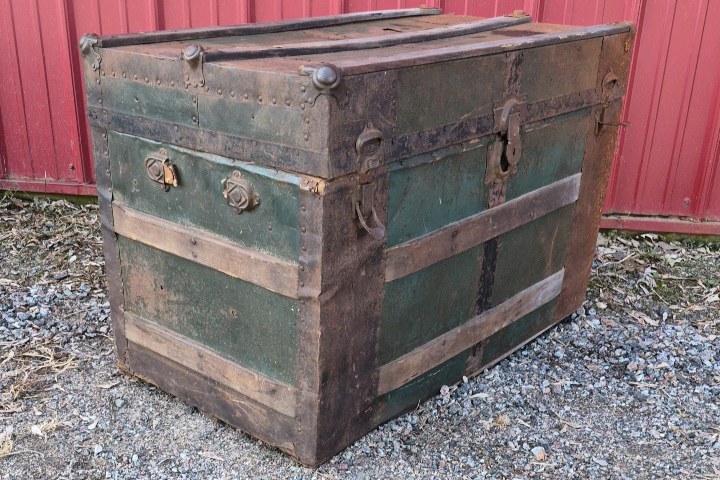 Antique Wood Steamer Trunk Flat Top Chest Green Slat Metal Hardware
