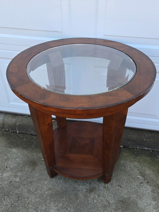 Round Wood Side Table Glass Top  End Table