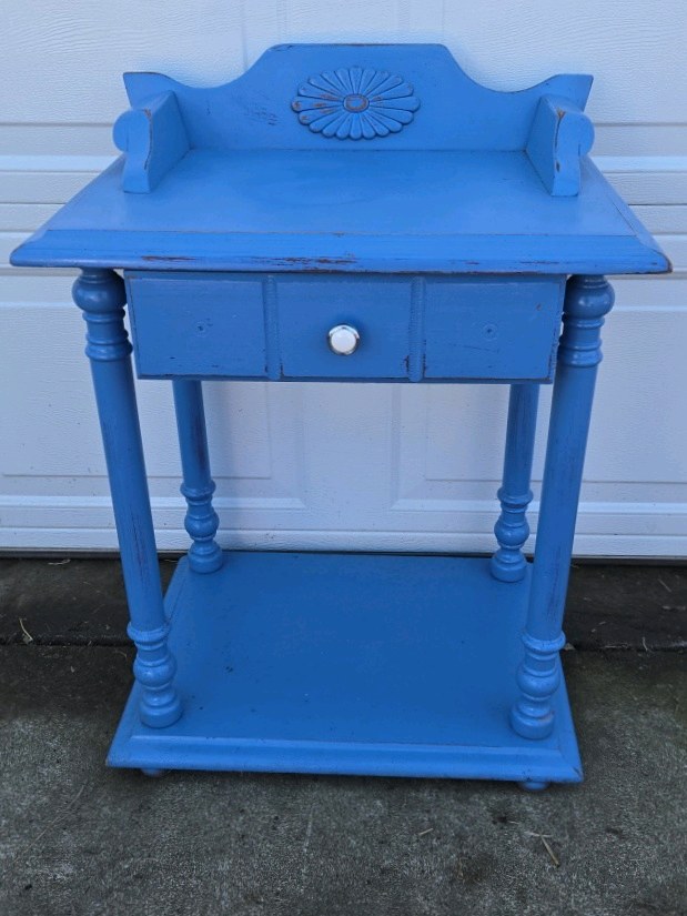 Vintage Blue Wood Side Table Washstand Drawer Shelf Floral Back Splash