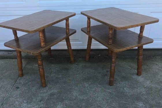 Vintage Woodgrain Laminate End Tables Pair Two Tier Side Tables Turned Legs
