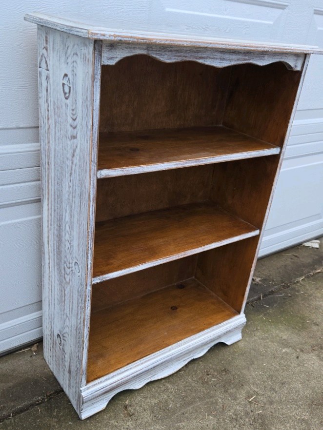 Vintage Wood Bookcase Distressed White Open Shelf Cabinet Farmhouse Display