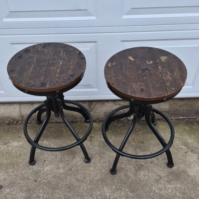 Vintage Industrial Adjustable Stool Cast Iron Base Wood Seat Drafting Stool