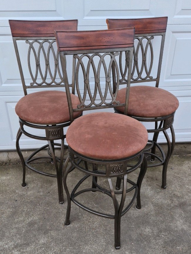 Metal Bar Stools Swivel Chairs Upholstered Seats Decorative Back Set