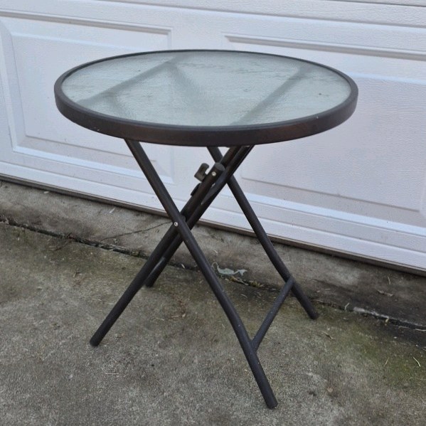 Round Glass Top Patio Table Folding Metal Frame Outdoor Bistro Table