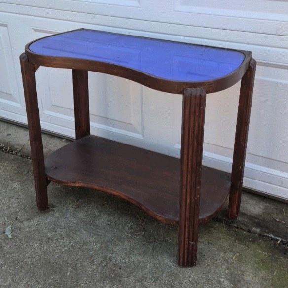 Vintage Art Deco Style Side Table Blue Mirror Glass Top Two Tier Wood