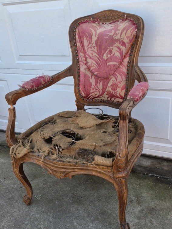 French Provincial Style Upholstered Armchair Wood Frame Pink Damask Accent Chair