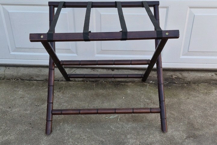 Wood Folding Luggage Rack Stand Dark Finish Suitcase Holder Strap Top
