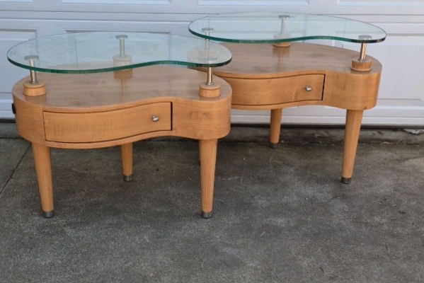 Pair Modern Wood End Tables Glass Top Wavy Design Drawer Accent Tables