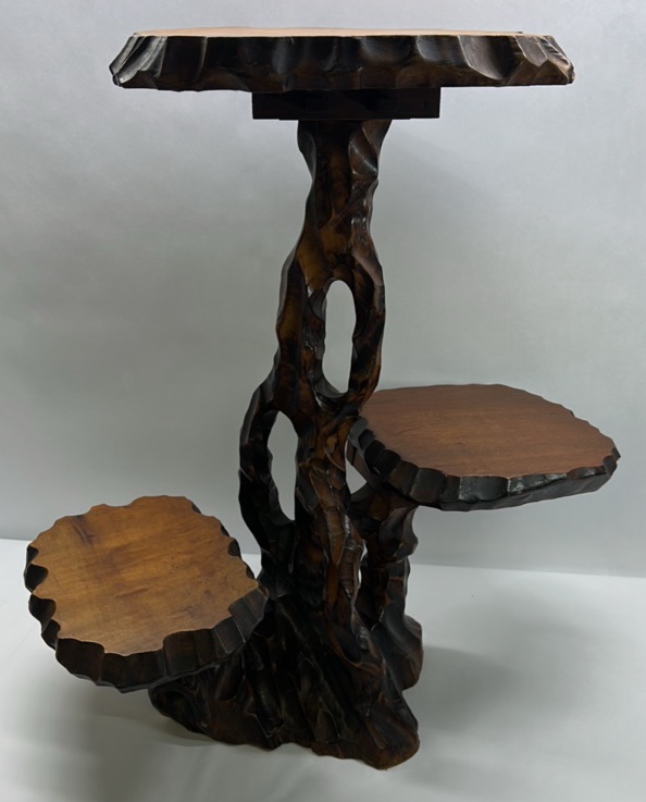 Vintage Hand Carved Wood Plant Stand Tiered Carved Edge Root Base Display Table