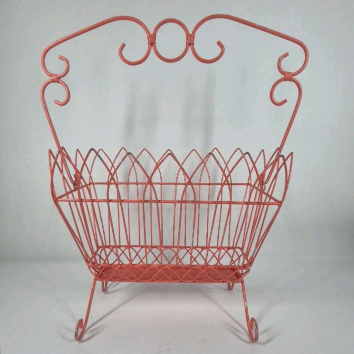 Vintage Metal Magazine Rack Scroll Handle Wire Basket Stand Coral