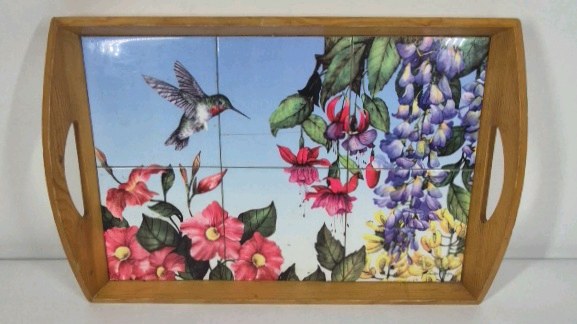 Wood Serving Tray with Ceramic Tile Hummingbird Floral Design Handles