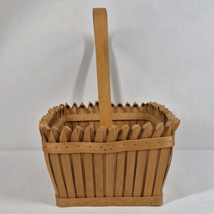 Handcrafted Wooden Basket Slatted Wood Carry Handle Rustic Decor Storage