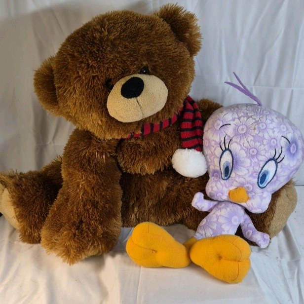 Lot of 2 Plush Stuffed Animals Teddy Bear w Scarf & Tweety Bird Character
