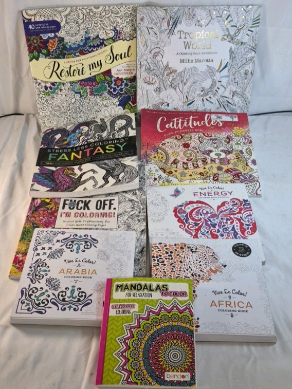 Lot of 9 Adult Coloring Books Mandalas Fantasies Cattitudes Tropical Designs