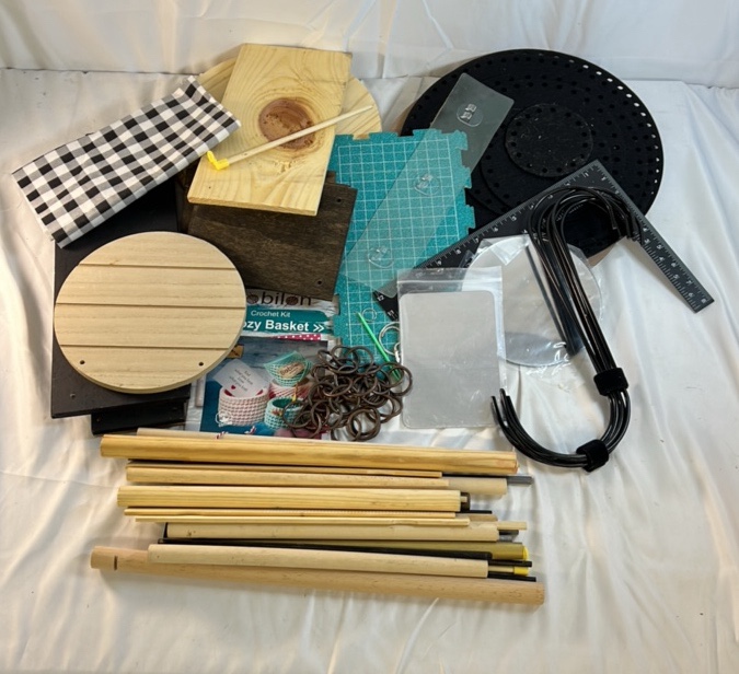 Lot of Macrame Supplies Wood Dowels Rings Boards Cord Tools Mixed