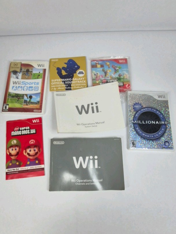 Lot of 5 Nintendo Wii Games Manuals Wii Sports Mario Bros Galaxy Soundtrack Millionaire