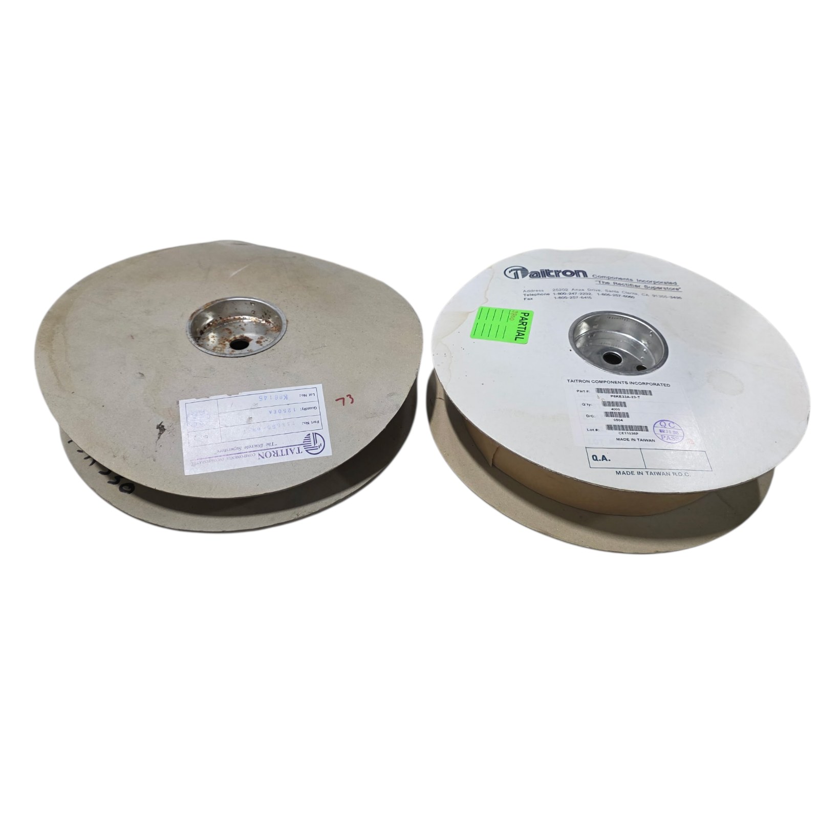 2 Reel Lot -  NOS Surplus Taitron TSR550-68-T Components and P6KE33A-23-T Do-15 Diodes