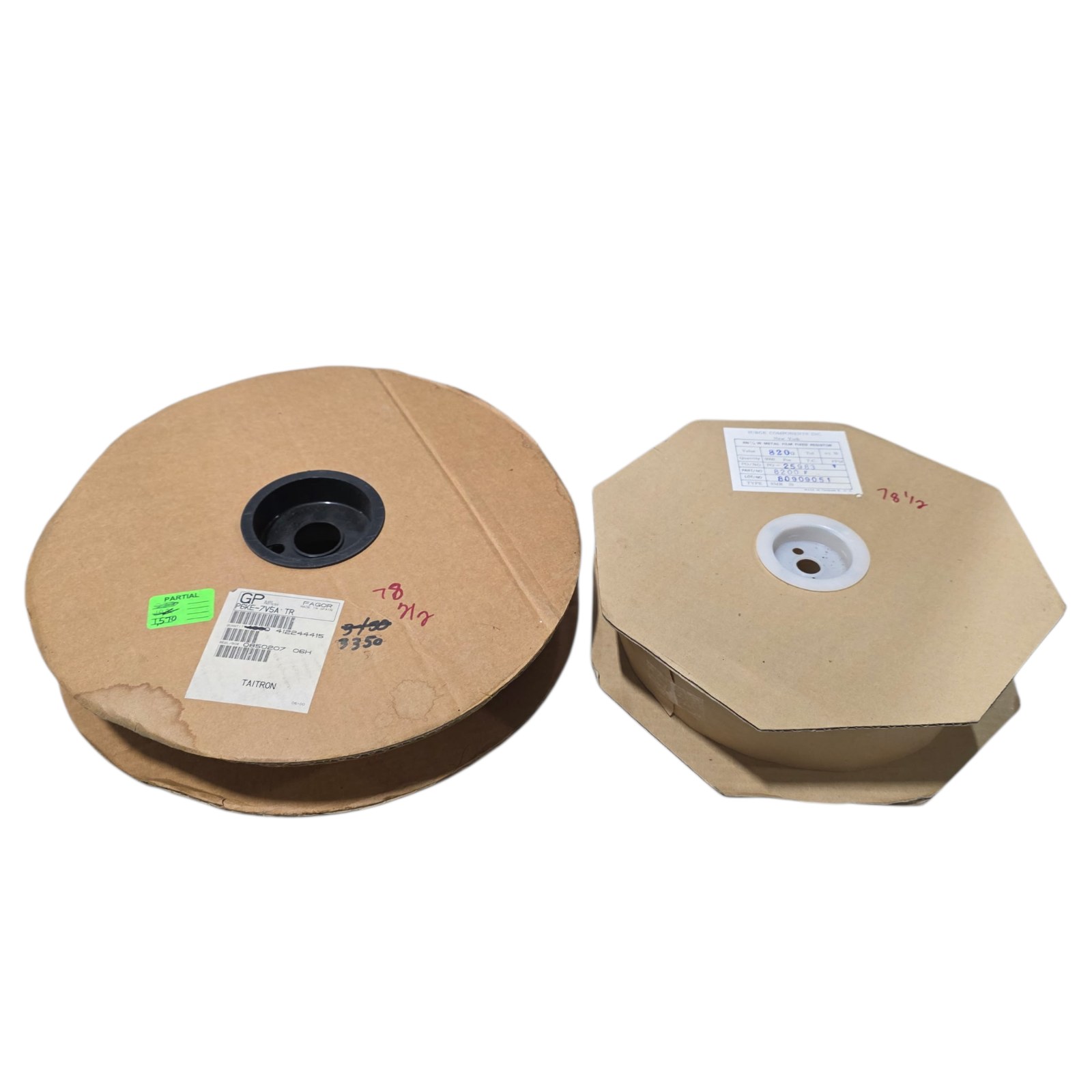 Mixed Lot of 2 NOS Surplus Electronic Component Reels - Taitron P6KE-7V5A-TR and 820 Ohm 1% Surge Components Resistors