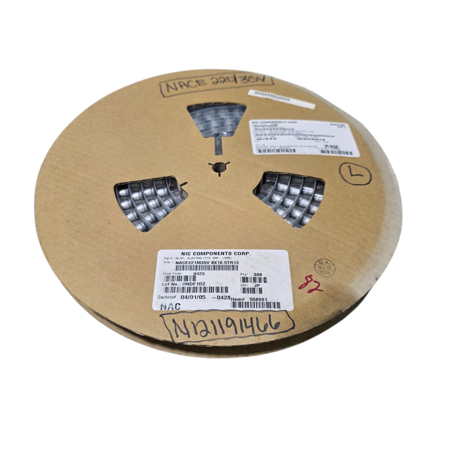 NOS Surplus NIC Components NACE221M35V8X10.5TR13 SMD Aluminum Electrolytic Capacitors 220uF 35V 8x10.5 - Qty 300