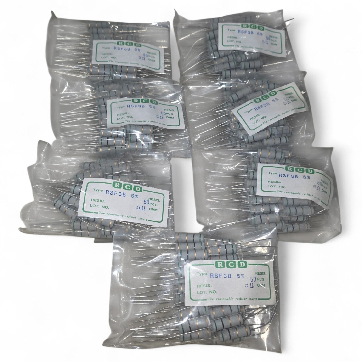 Bulk Lot of NOS RCD RSF3B Resistors 5 Ohm 5% - 7 Bags - 350 Total