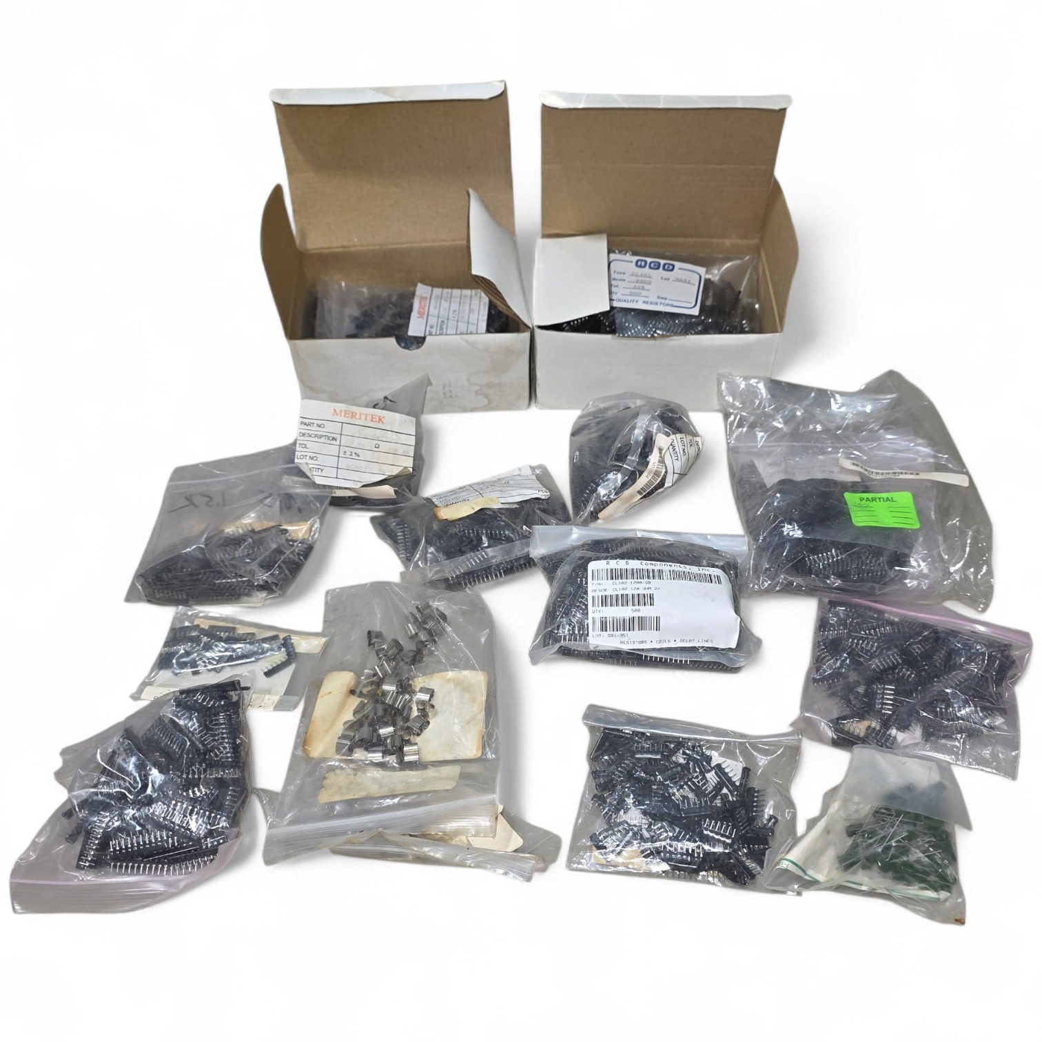 Mixed Lot of New Surplus Resistors - Meritek RA-05222G 2.2K Ohm, RCD CL101 680 Ohm, and More