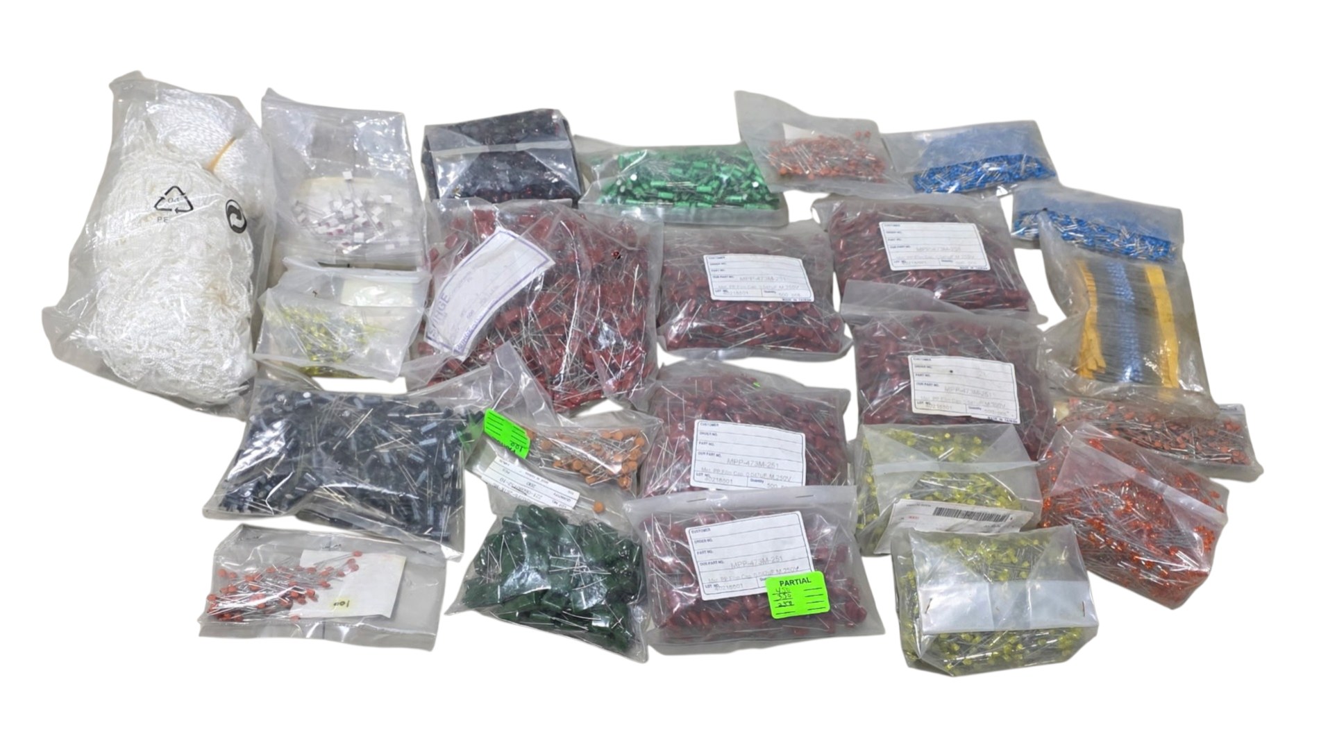 Mixed Lot of New Surplus Electronic Components - Film Capacitors, Electrolytic Capacitors, LEDs, Resistors and More - Partial Bags Included