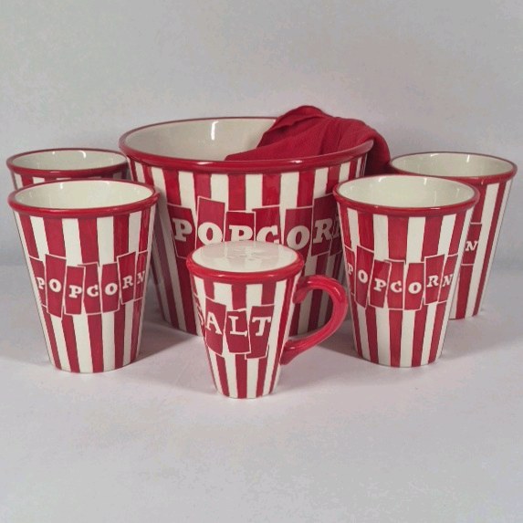 Popcorn Snack Serving Set Red White Striped Bowl Cups Salt Mug Ceramic
