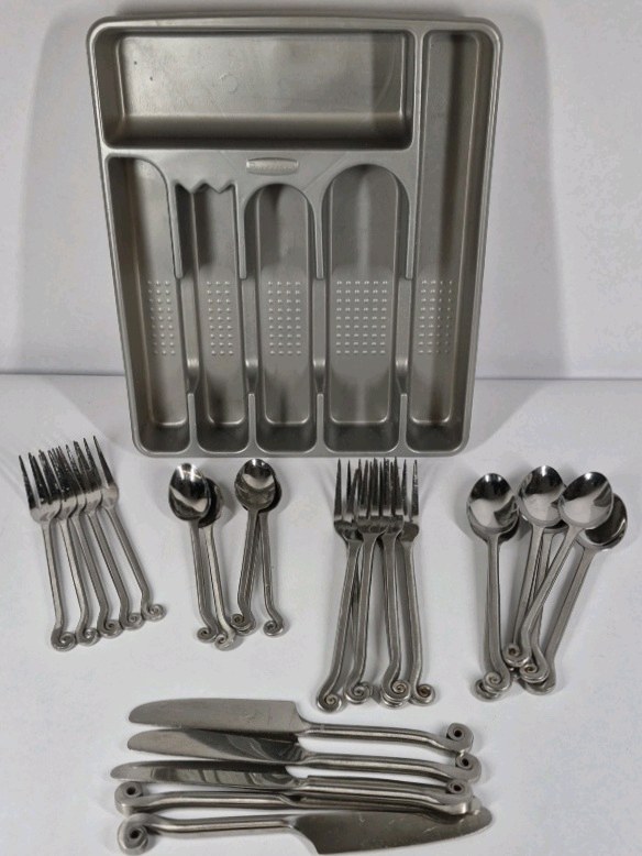 Stainless Steel Flatware Set Scroll Handle Forks Spoons Knives with Utensil Organizer Tray