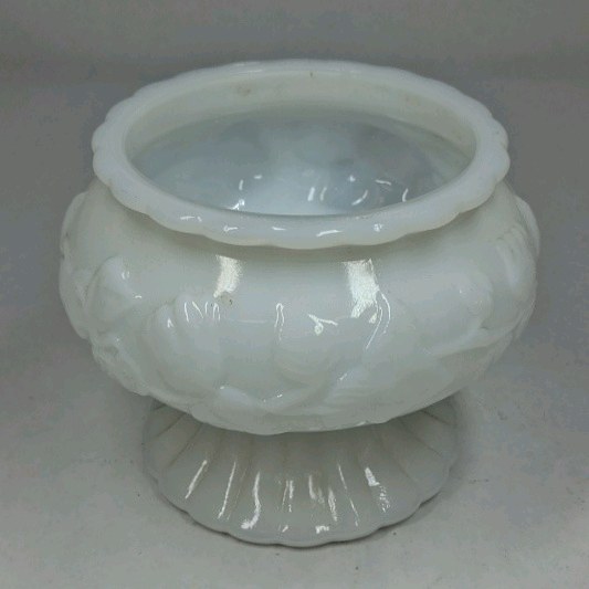 Milk Glass Pedestal Planter Bowl Grape Pattern White Decorative Pot