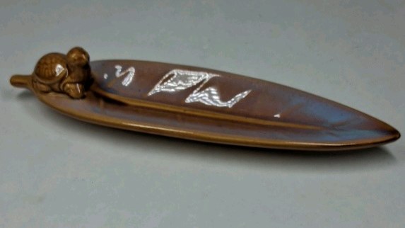 Vintage Ceramic Incense Burner Leaf Tray Turtle Accent Brown Glaze