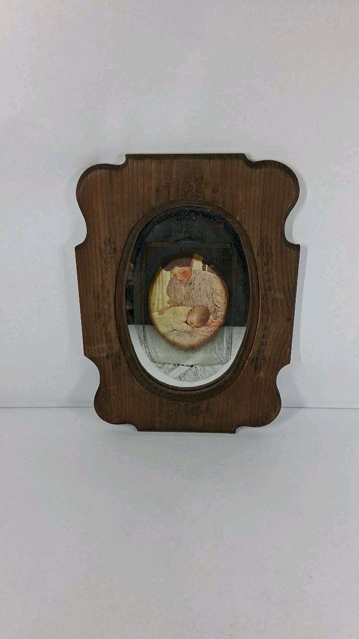 Perspective Art Mother and Baby Print Oval Frame Wood Wall Hanging Vintage