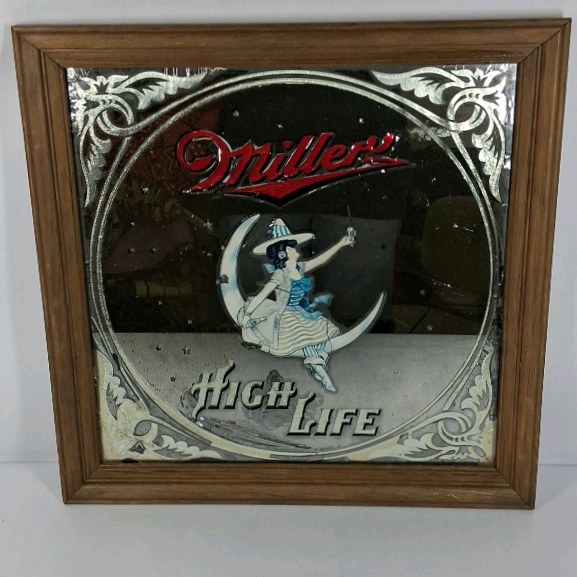 Miller High Life Beer Mirror Girl on Moon Wood Frame Bar Sign Vintage