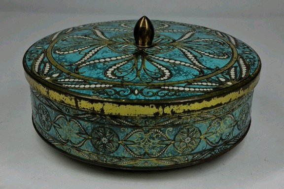 Vintage Daher Decorated Ware Metal Tin Lidded Trinket Box Floral Scroll Blue Gold