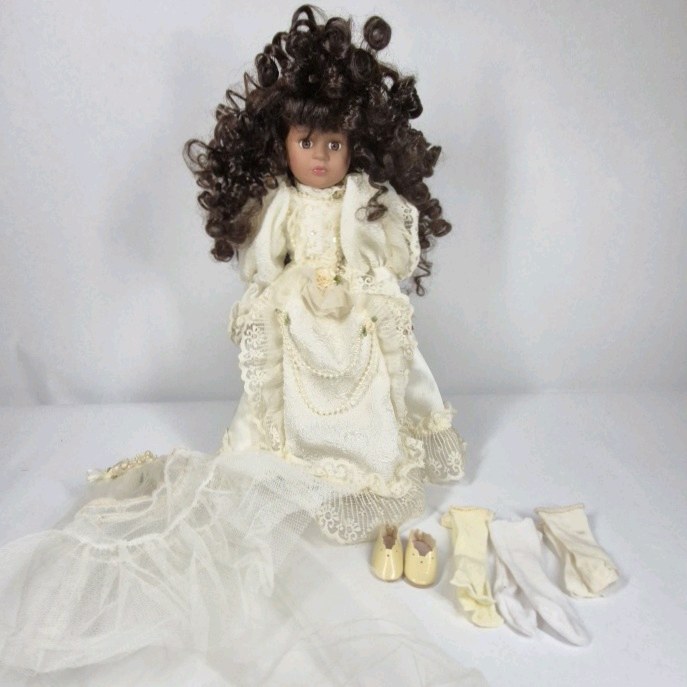 The Brass Key Porcelain Doll Victorian Dress Curly Hair Collectible w Accessories