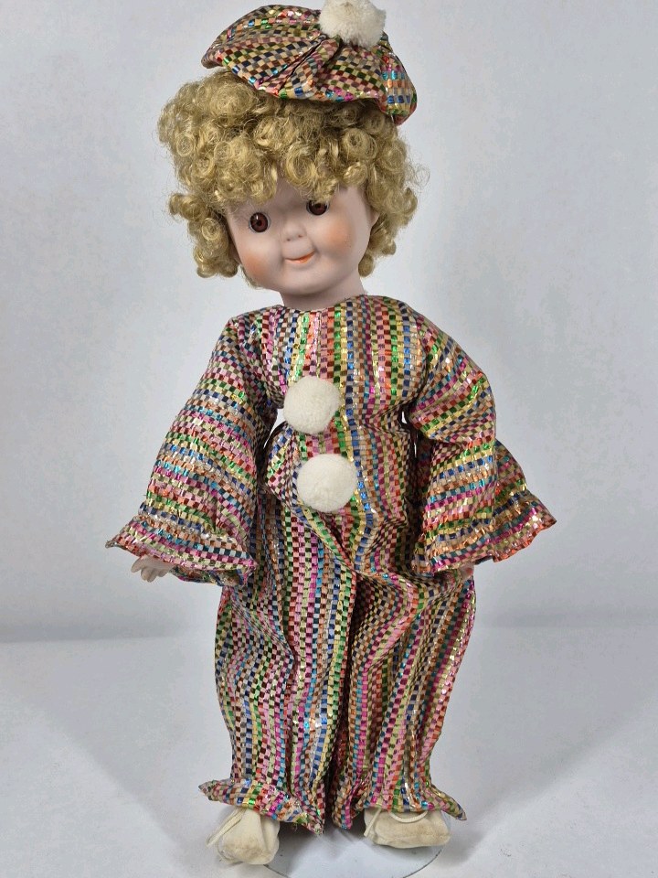 Vintage Clown Doll Curly Blonde Hair Porcelain Face Colorful Costume Collectible