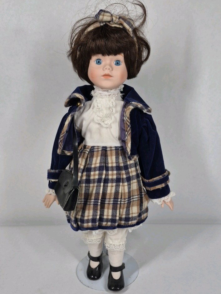 Vintage Clown Doll Curly Blonde Hair Porcelain Face Colorful Costume Collectible