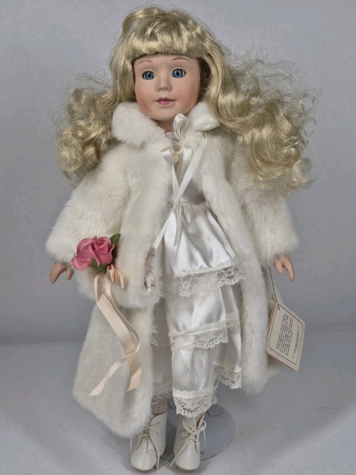 Fine Porcelain Treasures In Lace Doll Blonde Hair White Outfit Fur Coat Rose Collectible