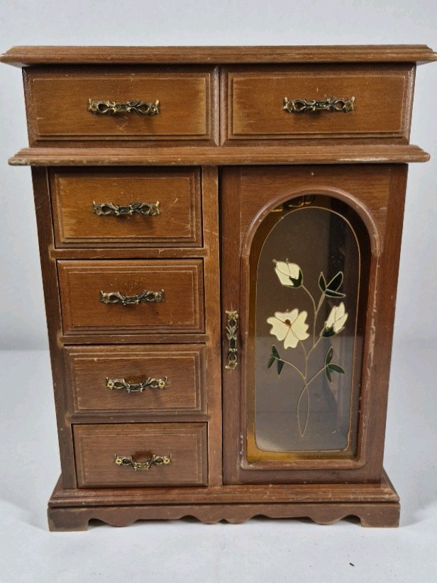 Wood Jewelry Armoire Cabinet Mirror Top Drawers Floral Glass Door Necklace Storage