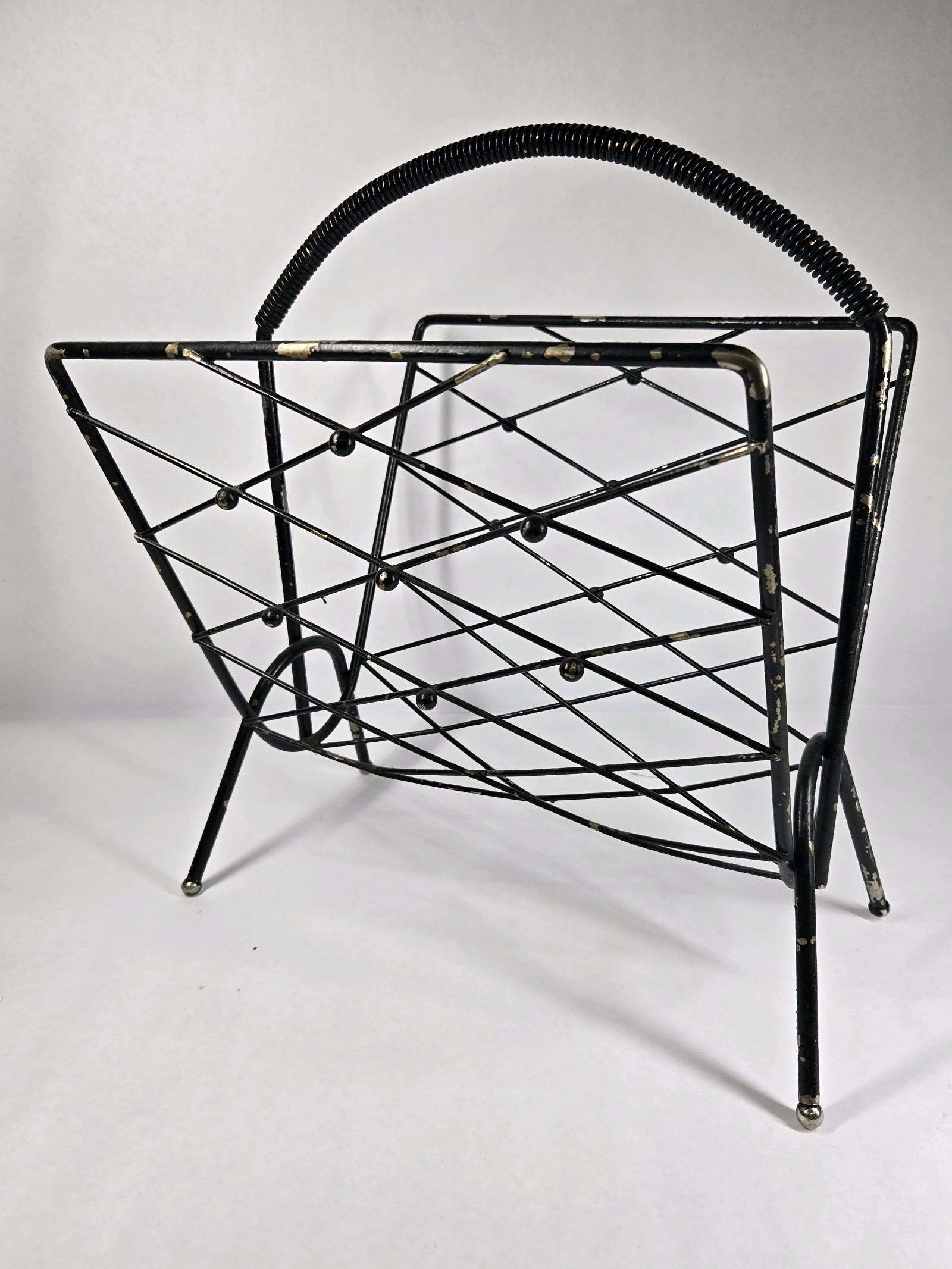 Vintage Black Metal Wire Magazine Rack Mid Century Modern Holder