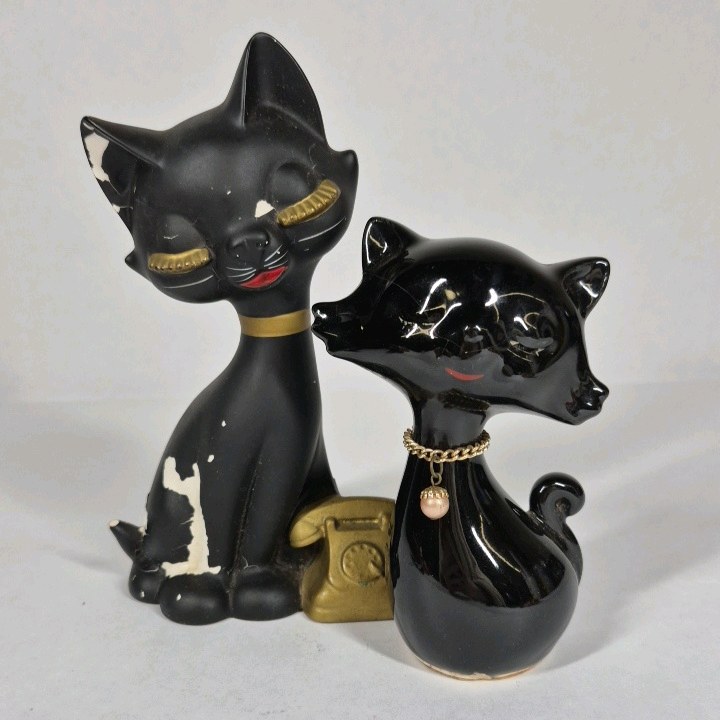 Lot of 2 Black Cat Figurines Mid Century Style Ceramic Cat Pair