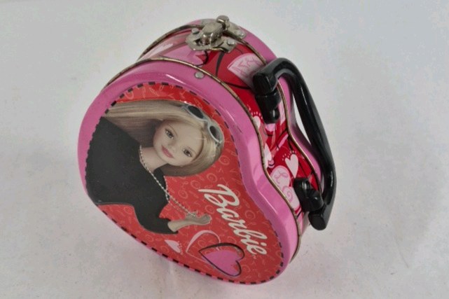 Barbie Heart Shaped Metal Lunch Box Tin with Handle Pink Valentine Theme