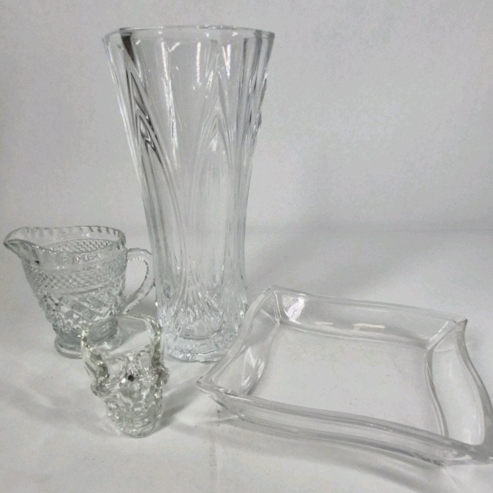 Clear Glass Vase Dish and Creamer Set Pressed Glass Table Decor Collection