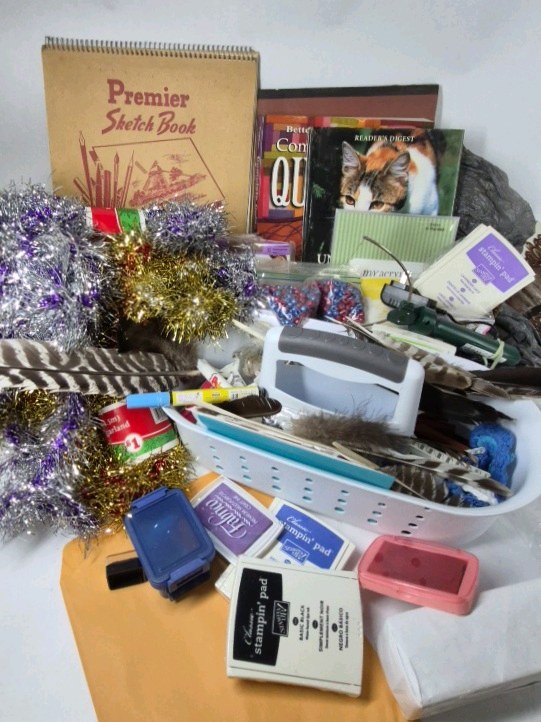 Mixed Craft Supplies Lot Sketch Book Stamps Ink Pads Feathers Decor DIY