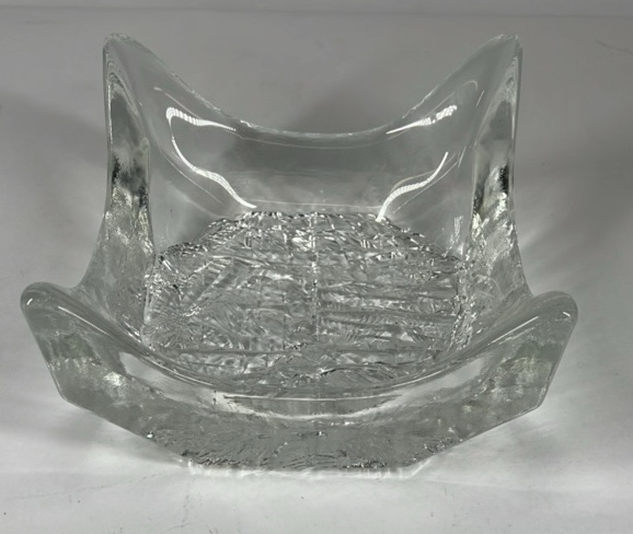 Mid Century Art Glass Bowl Clear Sculptural Folded Edge Dish