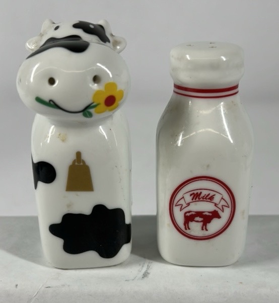 Ceramic Cow Creamer and Milk Bottle Salt Pepper Shakers Farm Kitchen Set